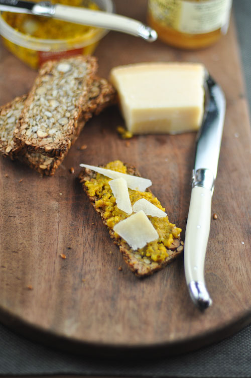 Life Changing Cracker topped with pumpkin and cashew dip